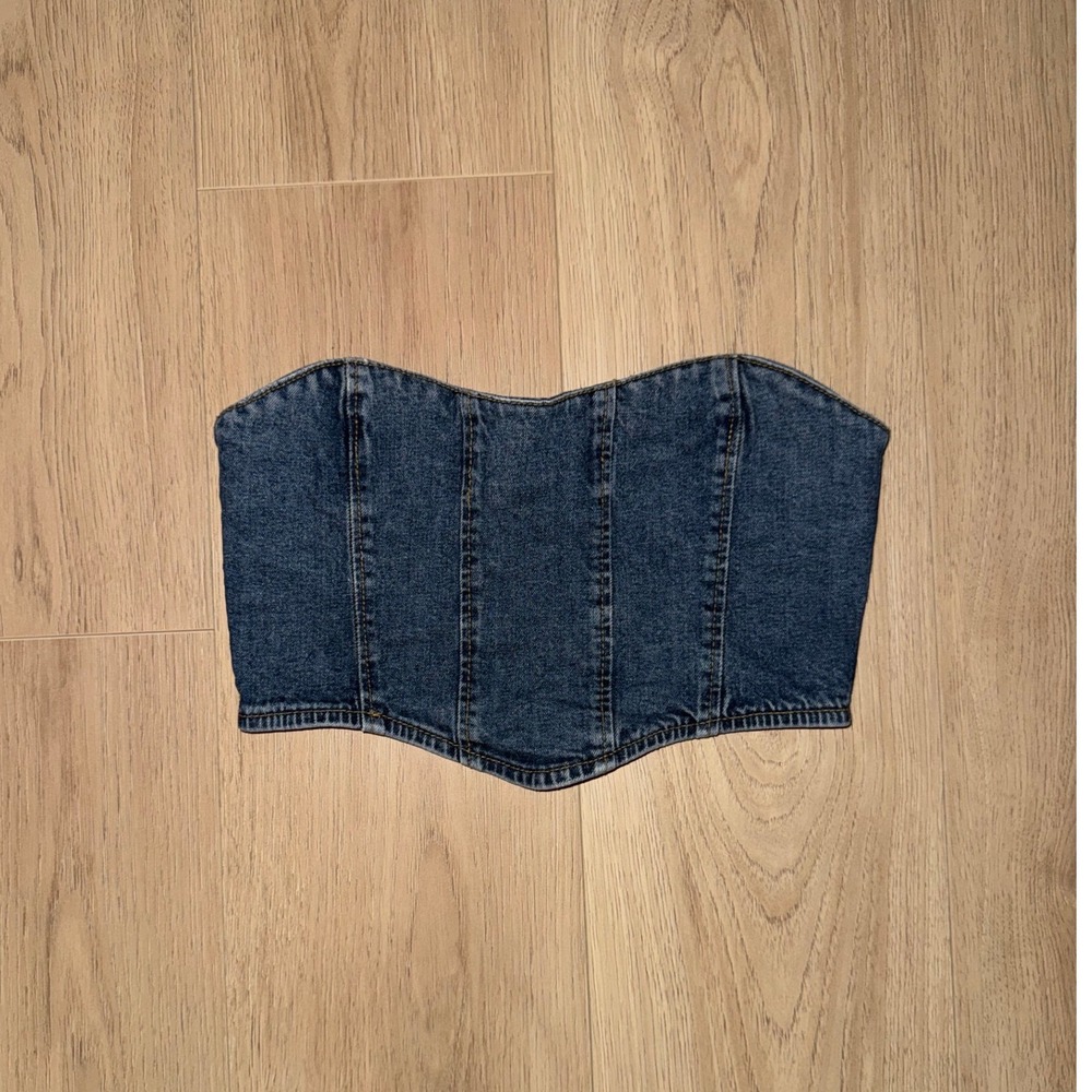 Cotton On Denim Corset‎ Top Medium Wash Blue Strapless Zip Back XS